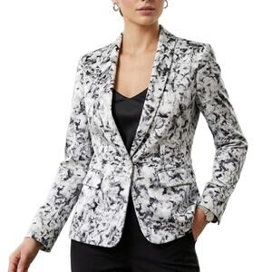 GUESS Black White Abstract Floral Blazer Satin Jacket Size 4 One Button Tailored
